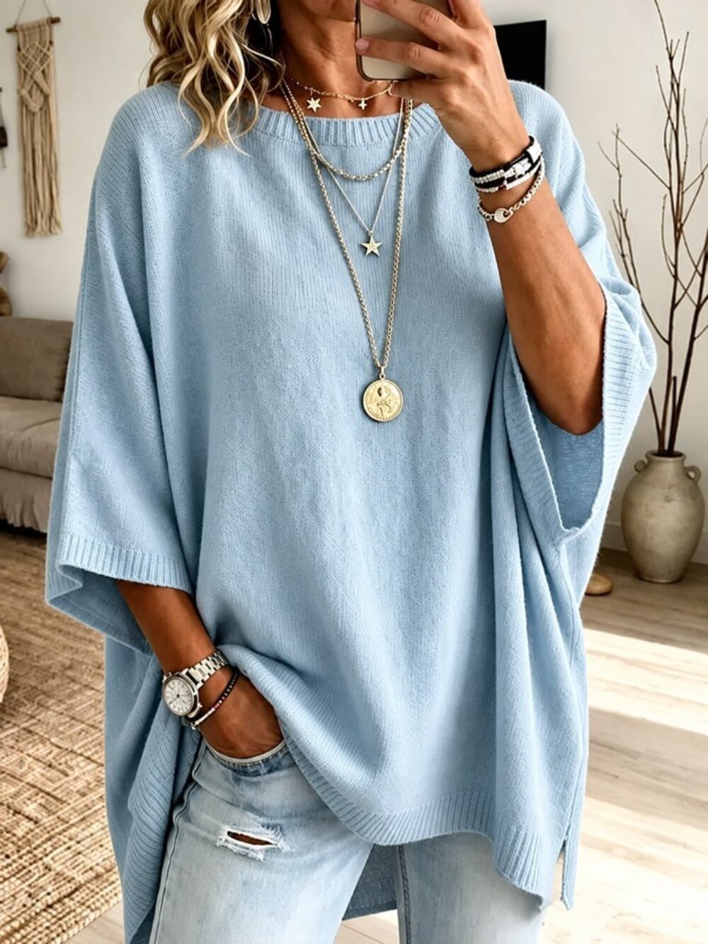 Baby Blue Casual Women's Loose Drop Shoulder Round Neck 3/4 Sleeve knit Pullover